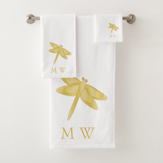 Gold Dragonfly Design Monogrammed Bath Towel Set (Insitu)