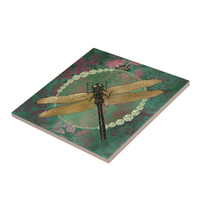 Gold Dragonfly on Green With Rhinestones Ceramic Tile (Side)