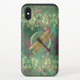 Gold Dragonfly on Green With Rhinestones iPhone X Slider Case
