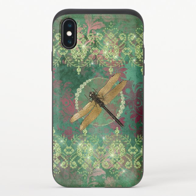 Gold Dragonfly on Green With Rhinestones Uncommon iPhone Case (Back)