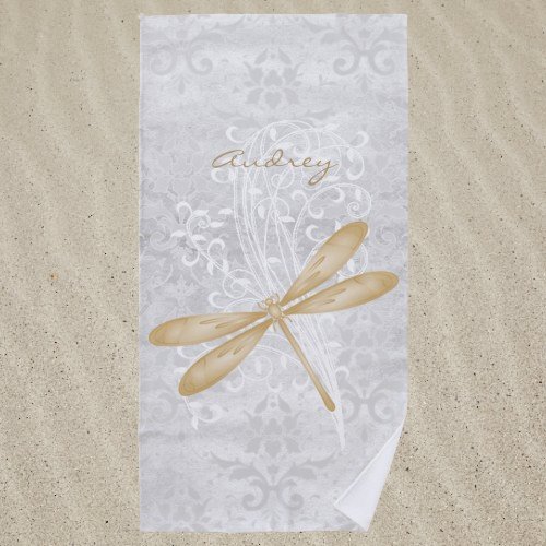 Gold Dragonfly Personalized Beach Towel