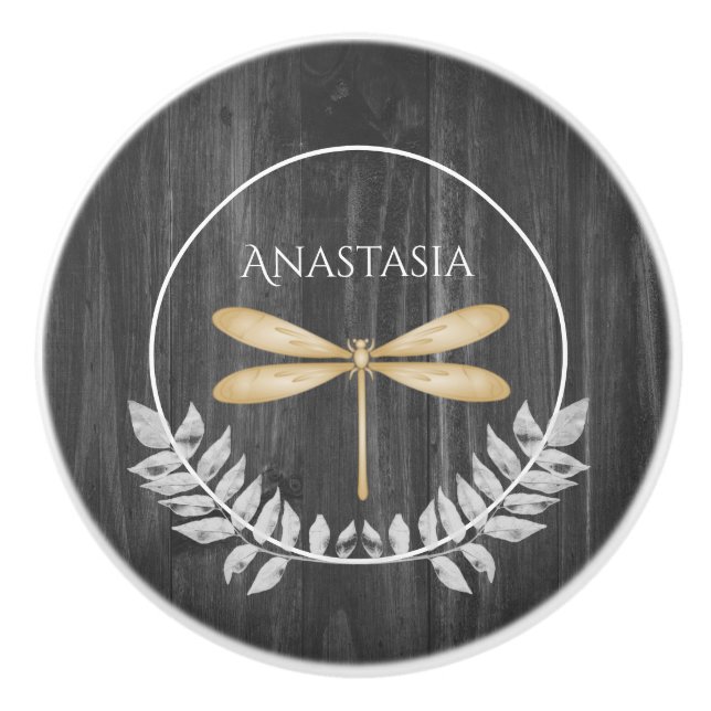 Gold Dragonfly Rustic Personalized Ceramic Knob (Front)