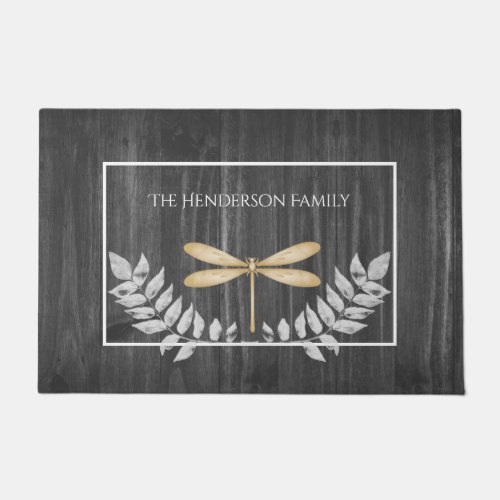 Gold Dragonfly Rustic Personalized Doormat