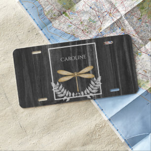 Gold Dragonfly Rustic Personalized License Plate