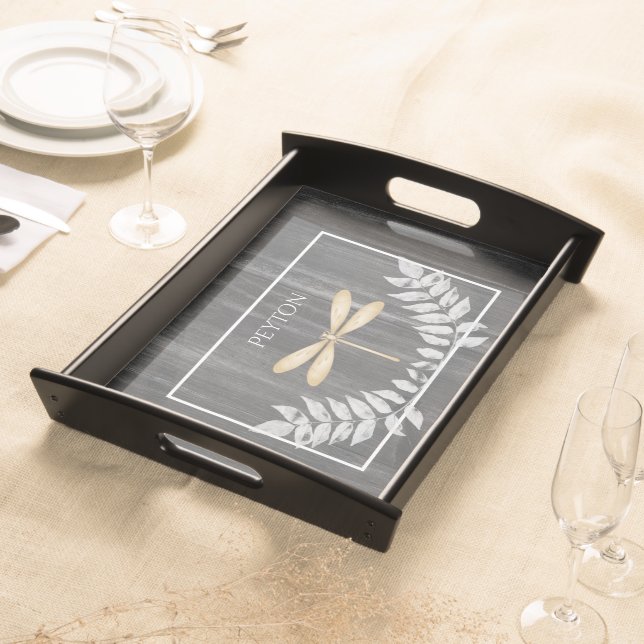 Gold Dragonfly Rustic Personalized Serving Tray (Front)