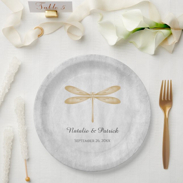 Gold Dragonfly Wedding Paper Plates (Wedding)