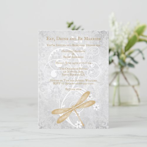 Gold Dragonfly Wedding Rehearsal Dinner Invite