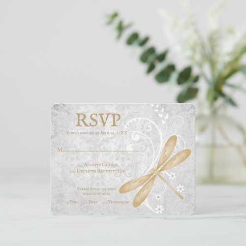 Gold Dragonfly Wedding RSVP Card