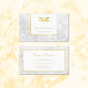 Gold Dragonfly White Marble Floral Business Card