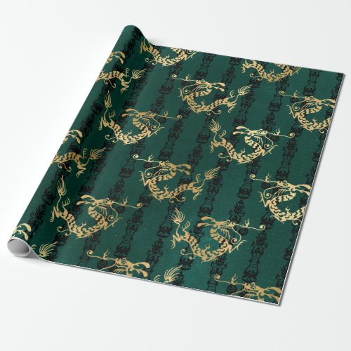 Gold Dragons on Green Wrapping Paper