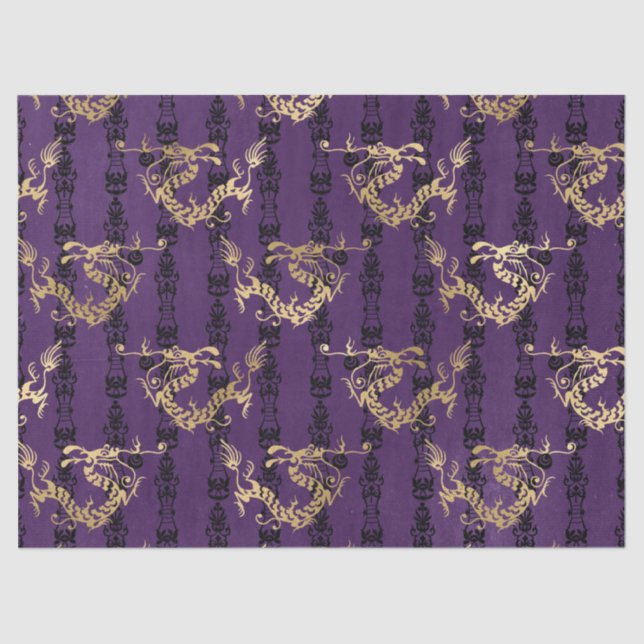 Gold Dragons on Purple Decoupage Tissue Paper (Front)