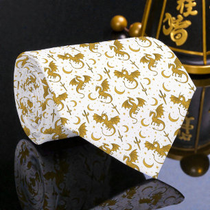 Gold Dragons on White Necktie Tie