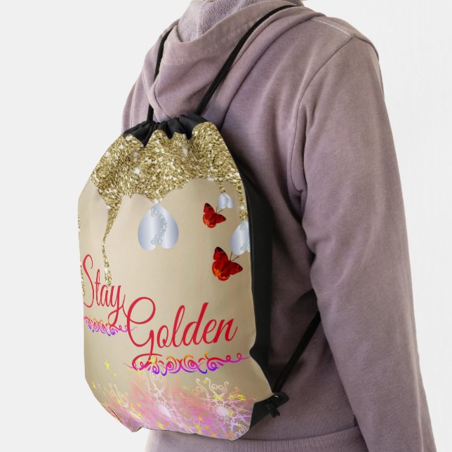 Gold draw string bag. drawstring bag (Insitu)