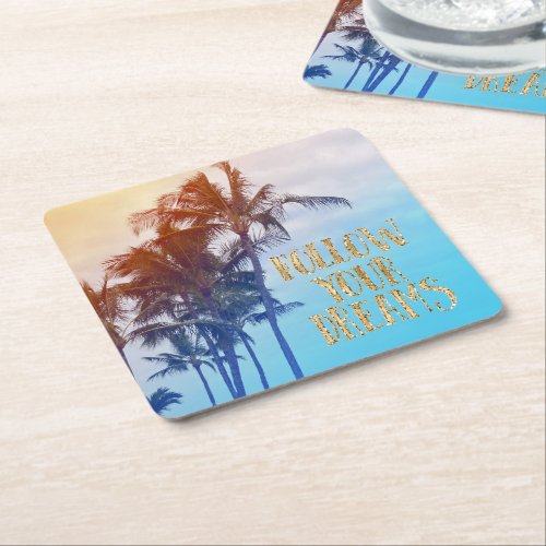 Gold Dreams Kauai Palm Trees Square Paper Coaster