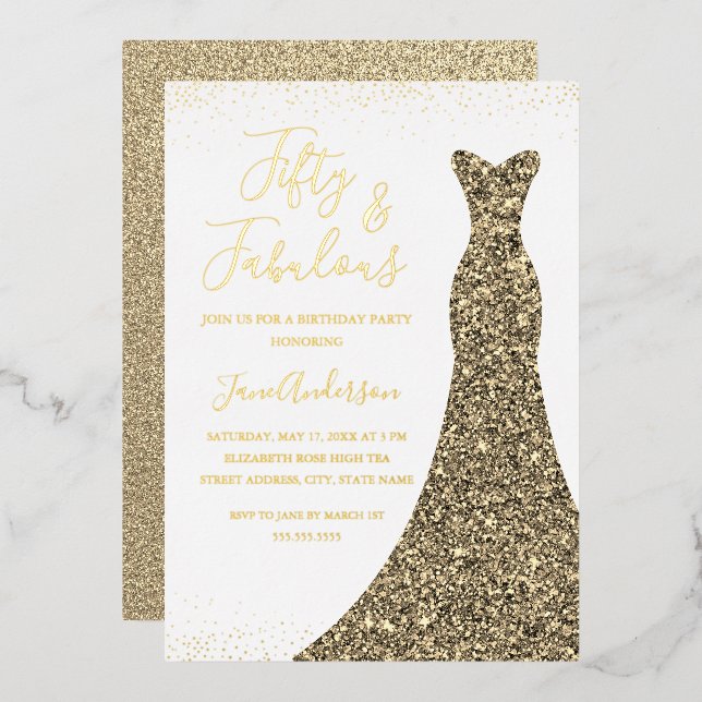  Gold Dress 50 & Fabulous Birthday Foil Foil Invit Invitation (Front/Back)