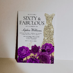Gold Dress 60th Birthday Party Purple Flower Invitation