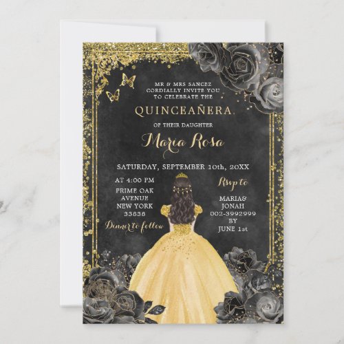 Gold Dress and Black Rose Royale Quinceaera Invitation