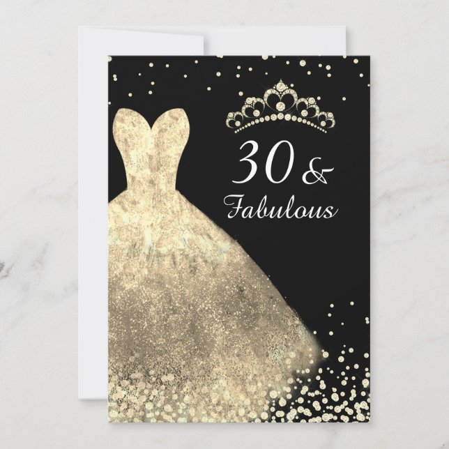 Gold Dress & Black 30 & Fabulous 30th Birthday Invitation (Front)
