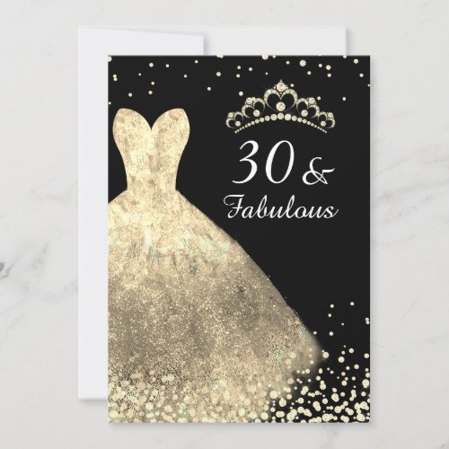 Gold Dress  Black 30  Fabulous 30th Birthday Invitation