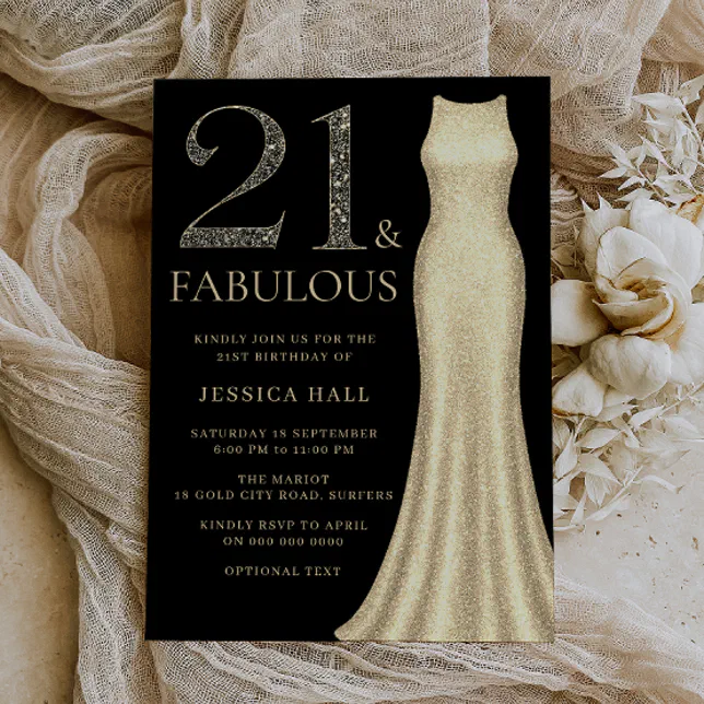 princess polly baby blue dress Gold Dress & Black Womans 21st Birthday Party Invitation