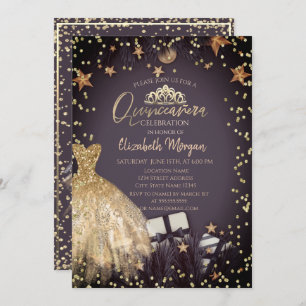 Gold Dress,Branches,Diamonds Stars Quinceañera Invitation