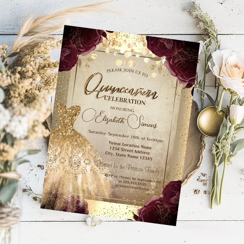 Gold Dress Burgundy Roses Confetti Quinceaera  Invitation