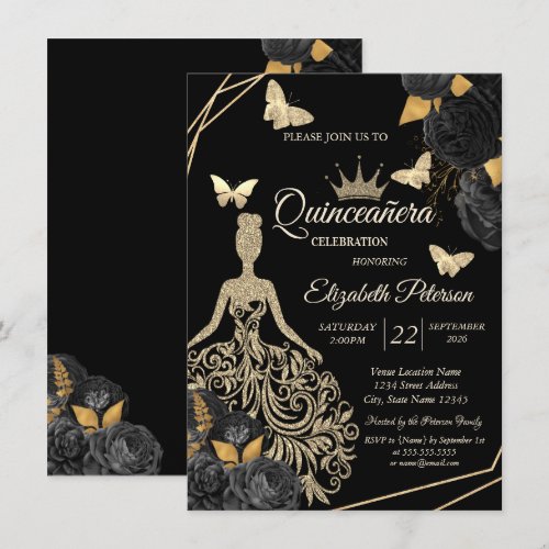 Gold Dress,Butterfly Black Roses Quinceañera