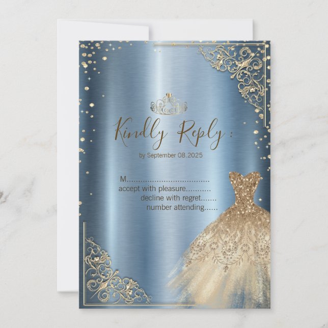 Gold Dress Diamonds Blue RSVP Invitation (Front)