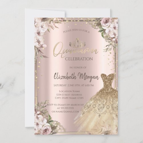  Gold DressDiamonds Boho Flowers Quinceaera Invitation