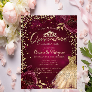 Gold Dress,Diamonds Burgundy Roses Quinceañera  Invitation