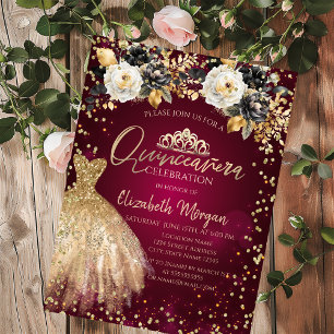Gold Dress Diamonds Flowers Burgundy Quinceañera Invitation