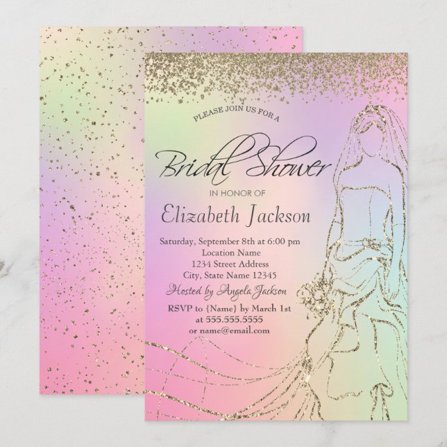 Gold Dress,Diamonds Holographic Bridal Shower Invitation (Front/Back)