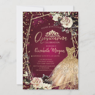 Gold Dress Diamonds Roses Burgundy Quinceañera Invitation