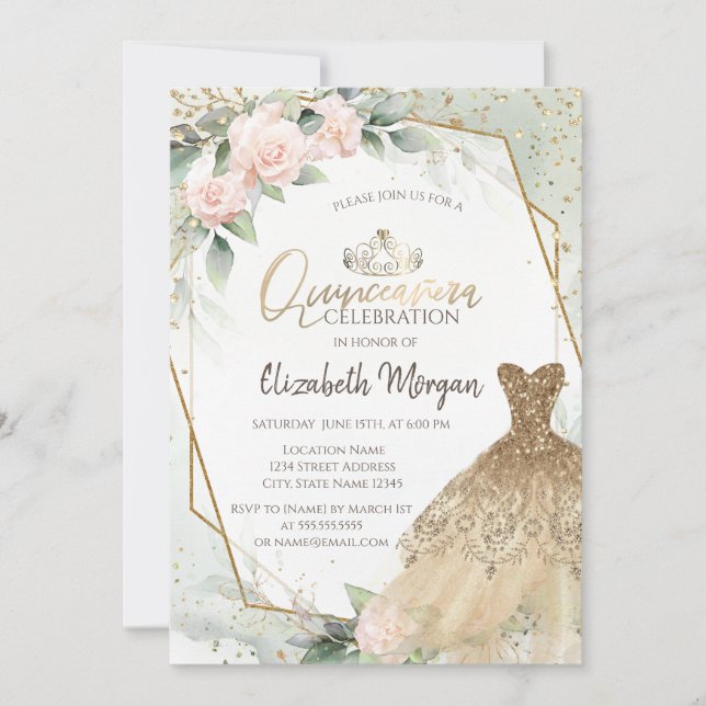 Gold Dress,Diamonds Watercolor Green Quinceañera Invitation (Front)