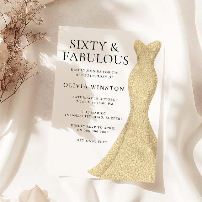 Gold Dress Elegant Sixty & Fabulous 60th Birthday Invitation (Creator Uploaded)