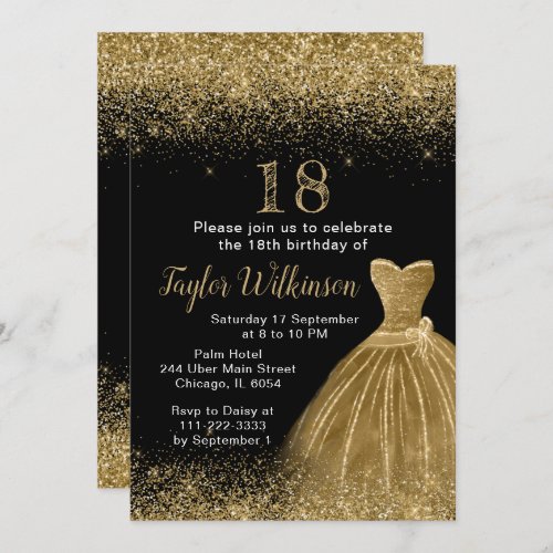 Gold Dress Faux Glitter Birthday Party Invitation