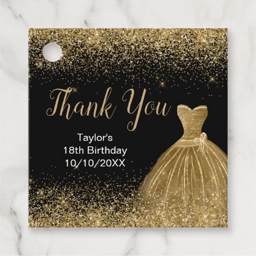 Gold Dress Faux Glitter Birthday Thank You Favor Tags