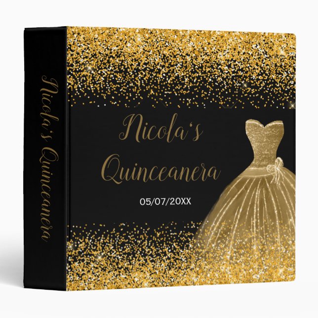 Gold Dress Faux Glitter Quinceanera Album 3 Ring Binder (Front/Spine)
