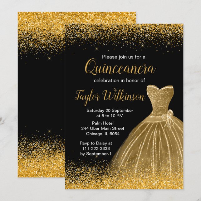 Gold Dress Faux Glitter Quinceanera Invitation (Front/Back)