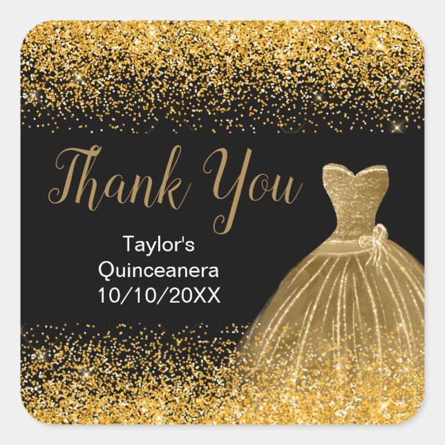 Gold Dress Faux Glitter Quinceanera Square Sticker (Front)