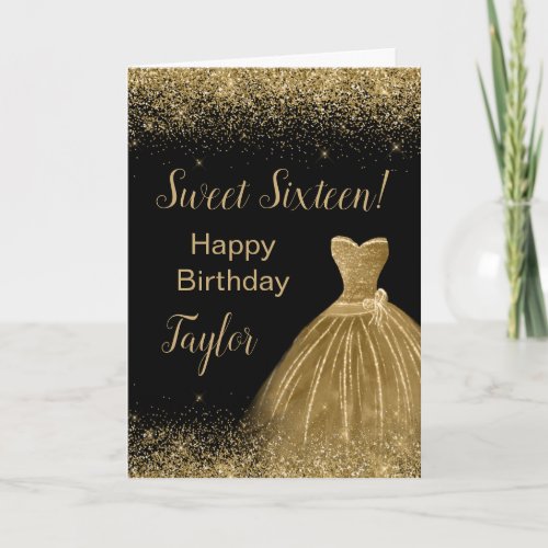 Gold Dress Faux Glitter Sweet 16 Birthday Card