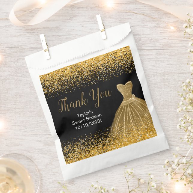 Gold Dress Faux Glitter Sweet 16 Birthday Favor Bag (Clipped)