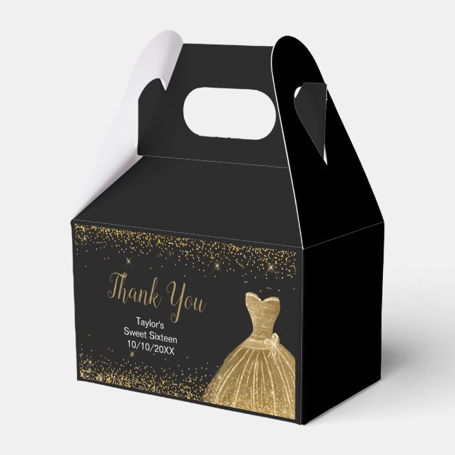 Gold Dress Faux Glitter Sweet 16 Birthday Favor Boxes (Front Side)