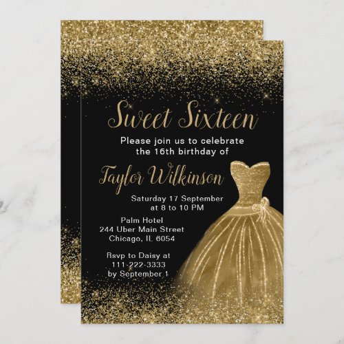 Gold Dress Faux Glitter Sweet 16 Birthday Invitation