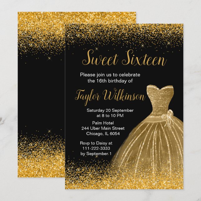 Gold Dress Faux Glitter Sweet 16 Birthday Invitation (Front/Back)