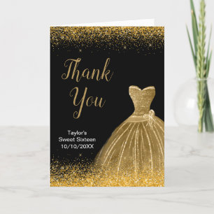 Gold Dress Faux Glitter Sweet 16 Birthday Letterpress Thank You Card