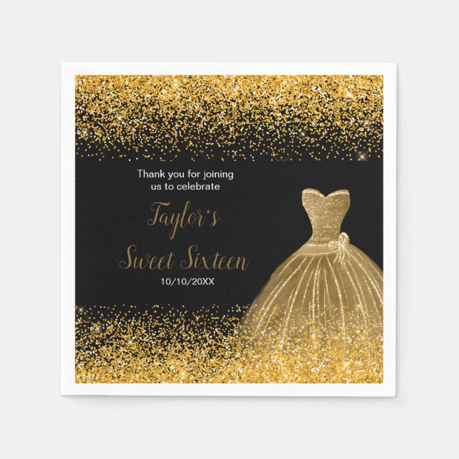 Gold Dress Faux Glitter Sweet 16 Birthday Napkins (Front)