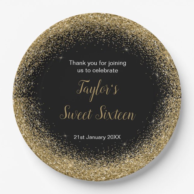 Gold Dress Faux Glitter Sweet 16 Birthday Paper Plates (Front)