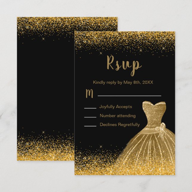 Gold Dress Faux Glitter Sweet 16 Birthday RSVP Card (Front/Back)