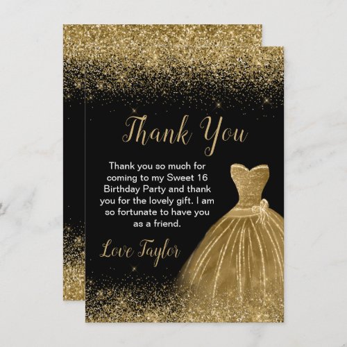 Gold Dress Faux Glitter Sweet 16 Birthday Thank You Card